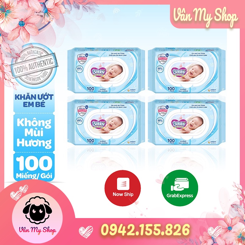 Khăn ướt Bobby 100 tờ không mùi và mùi hương nhẹ mới