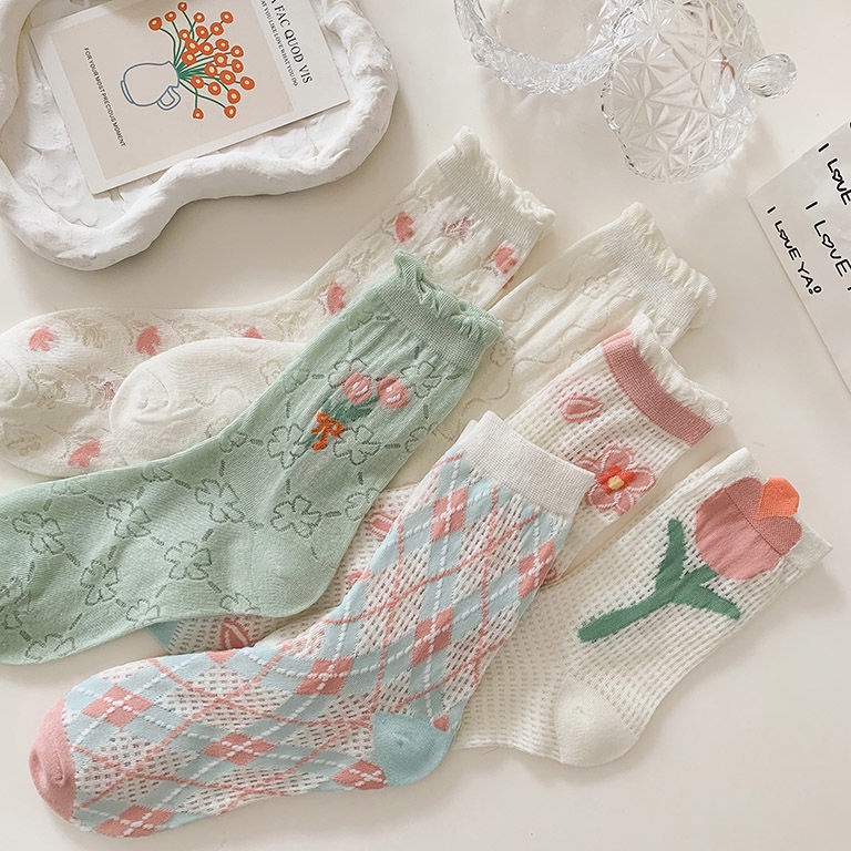 Hàng Có Sẵn Vớ cotton Ba Chiều Lưới Rỗng Mỏng Thoáng Khí Họa Tiết Hoa Nhỏ Màu Đỏ Đáng Yêu Mùa Hè Cho Nữ
