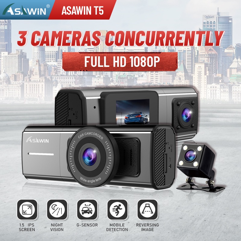 Camera Hành Trình Asawin T5 dashcam HD1080P 3 Kênh Trước Và Sau 3 Chiều Cho Xe Ô Tô taxi Uber