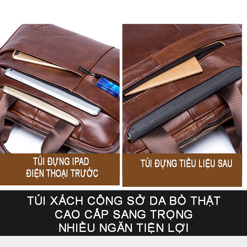 Túi da đựng laptop Lion 14 inch Da Bò Thật đựng tài liệu A4 ipad đi làm Túi công sở nam