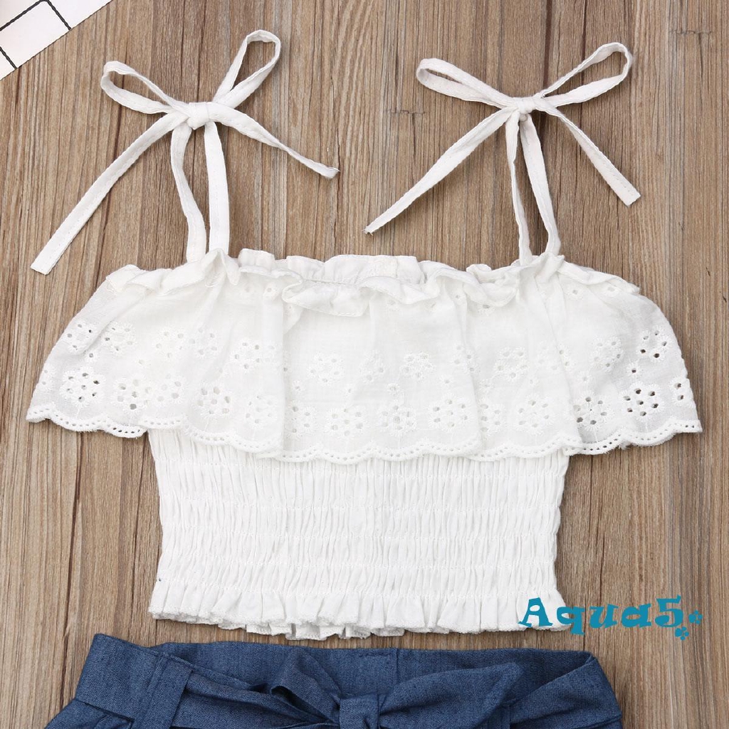 Set áo ngắn tay cổ tròn + Quần short jeans lưng cao thời trang cho bé gái