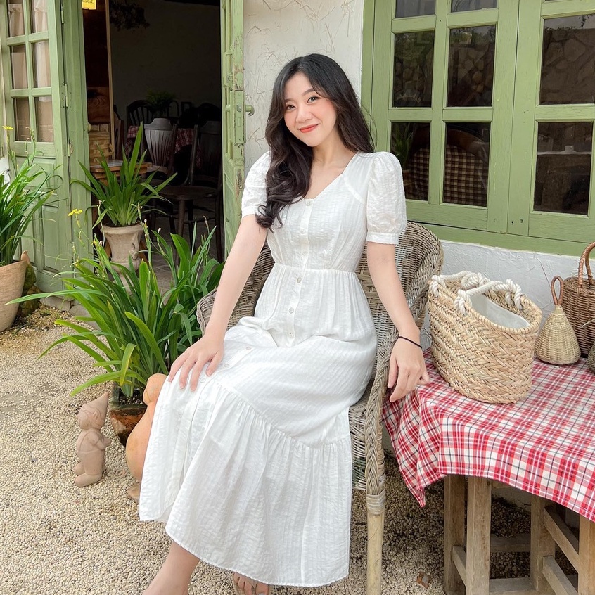 Đầm NAMIA - Đầm cổ tim dáng midi nẹp nút