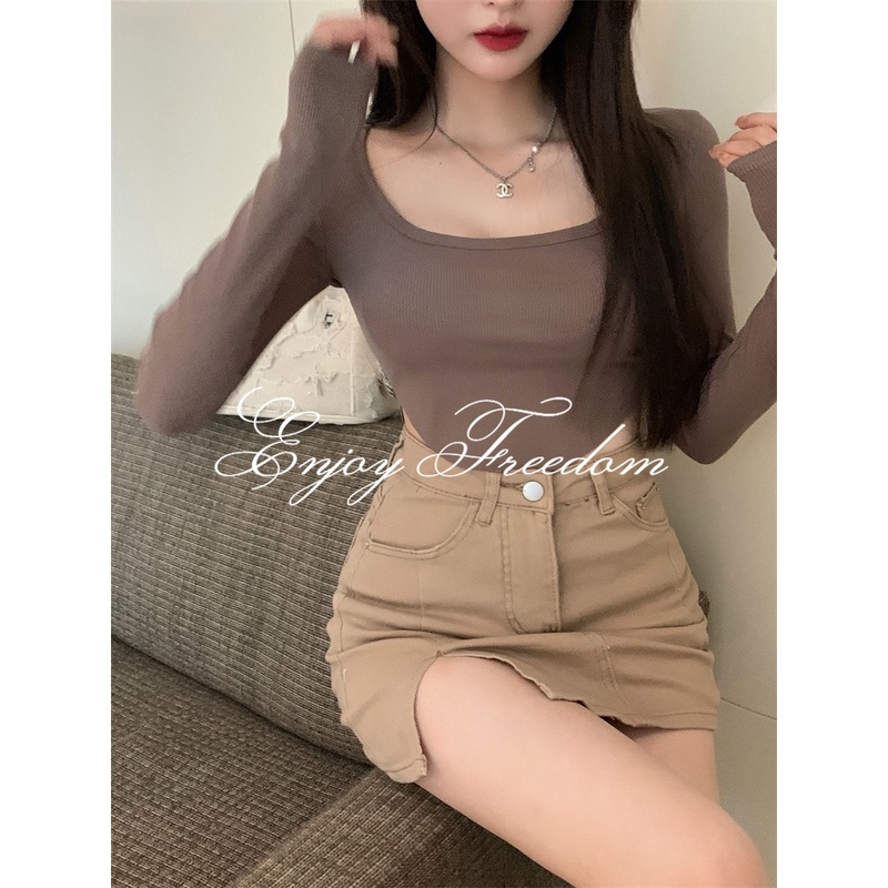 Enjoy Freedom Áo Thun Tay Dài Cổ Chữ U Thiết Kế Không Đồng Đều Thời Trang 2022 Mới Cho Nữ áo croptop