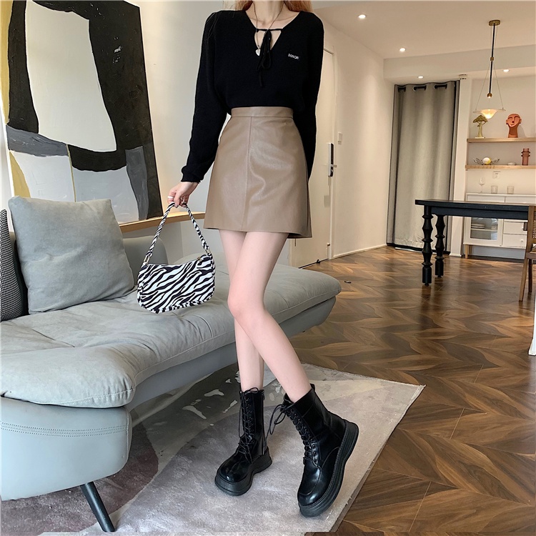 Chân Váy Da PU Lưng Cao Dáng Chữ A Thời Trang Mùa Thu Phong Cách Hàn Quốc Cho Nữ