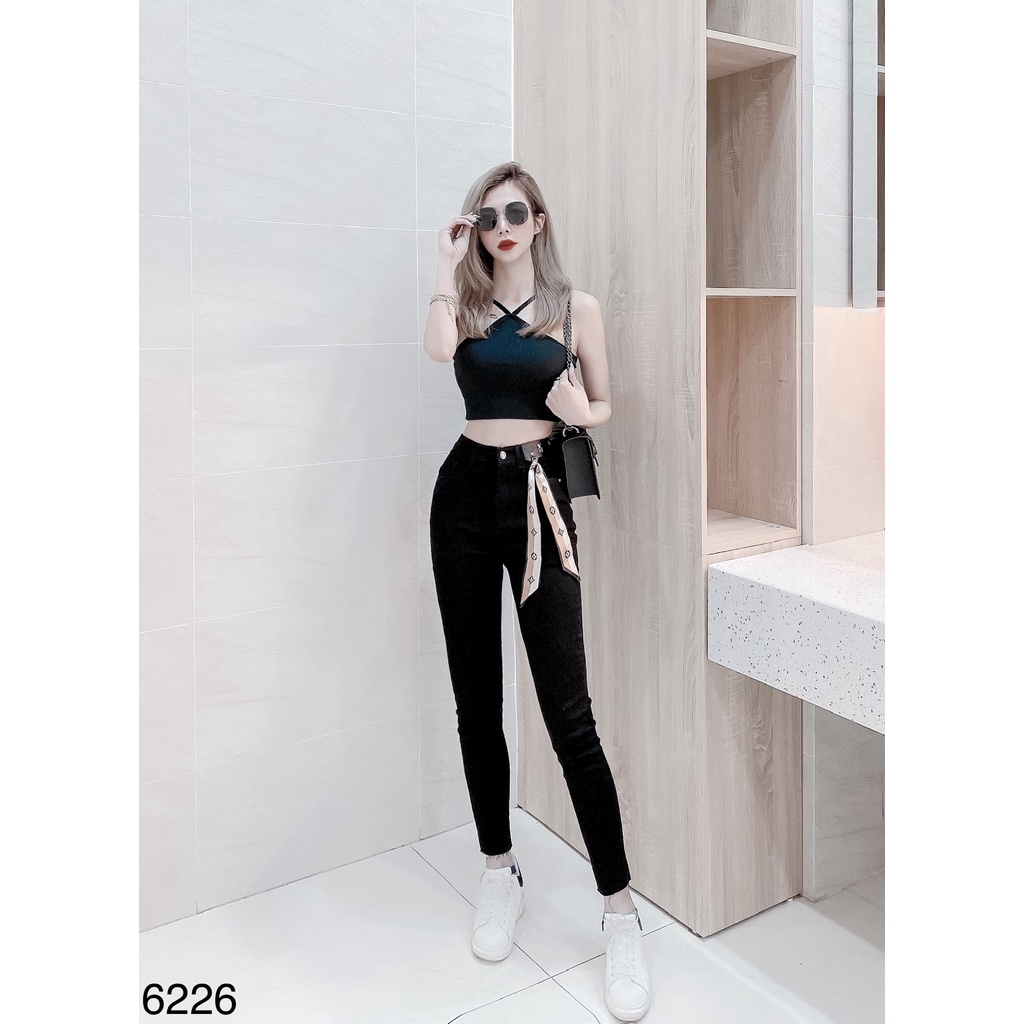 Quần jeans Skinny đen trơn, Quần bò nữ dáng ôm lưng siêu cao trơn basic kèm táp da nơ sang trọng D6226