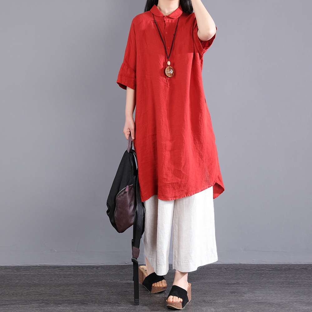 Bộ Áo Sơ Mi Cotton Lanh + Chân Váy Dài Đến Mắt Cá Chân Dáng Rộng Thời Trang