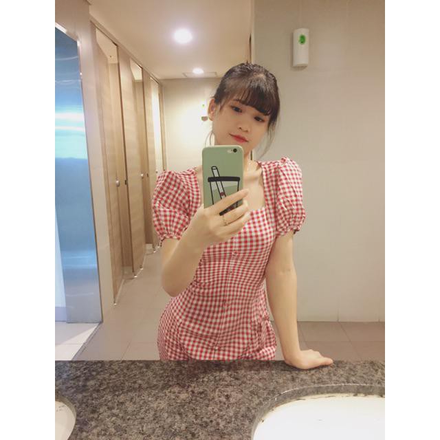 Đầm Nữ Caro Cổ Vuông Cột Nơ