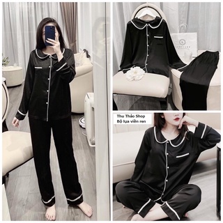 Bộ pijama lụa satin dài tay trơn cao cấp, bộ mặc nhà cổ viền ren sang trọng.