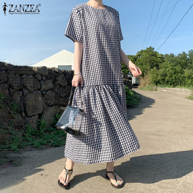 Đầm ZANZEA họa tiết kẻ ô xinh xắn cho nữ