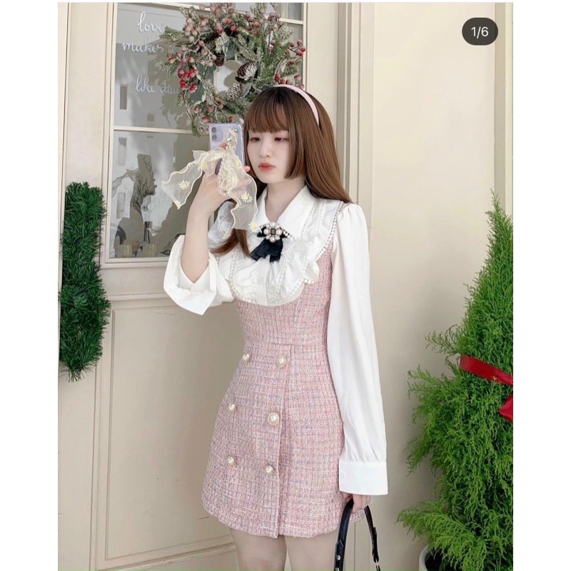 ĐẦM CARO NÚT NGỌC PHỐI CỔ BÈO REN TRẮNG (KÈM TAG HOA) | BigBuy360 - bigbuy360.vn