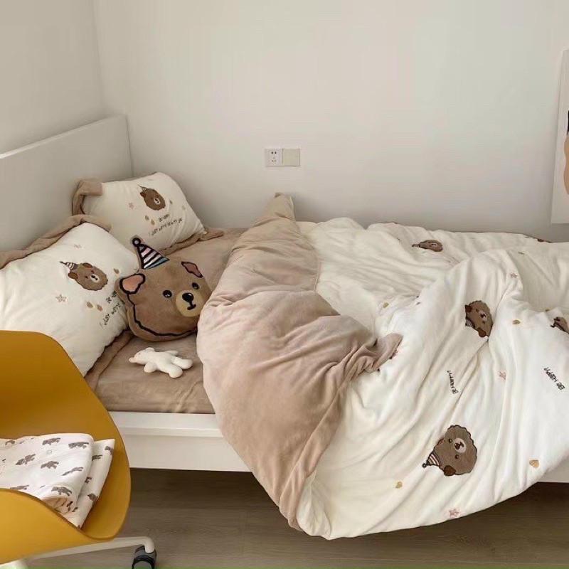Bộ chăn ga gối Nỉ Nhung Gấu Teddy phiên bản nỉ nhung mịn