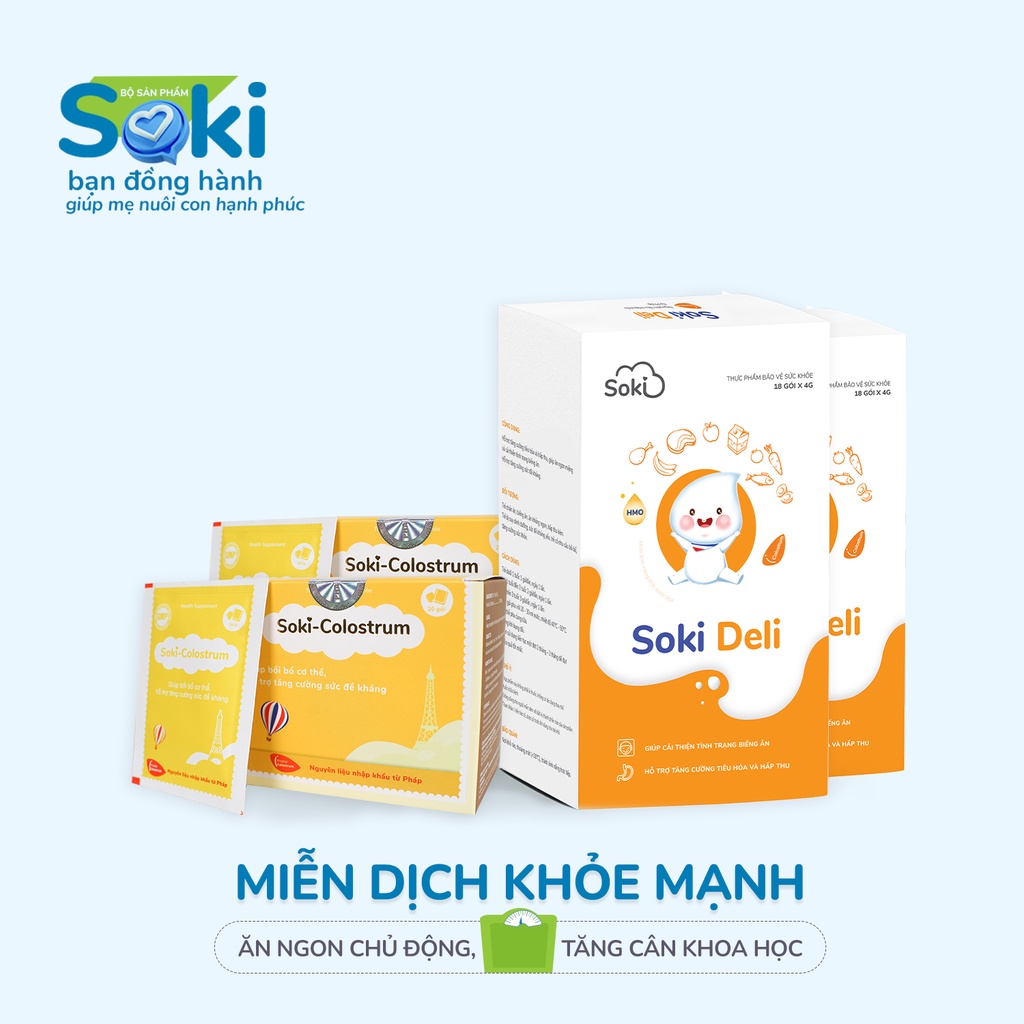 Bộ đôi ăn ngon và tăng đề kháng bứt tốc cho bé Soki Colostrum (2 hộp) + Soki Deli (2 hộp)