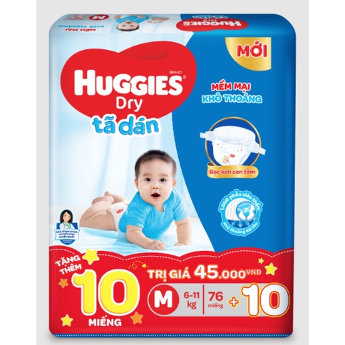 Tã/bỉm dán huggies (Đệm mây co giãn) m76 miếng cho bé 6-11kg tặng 10 miếng