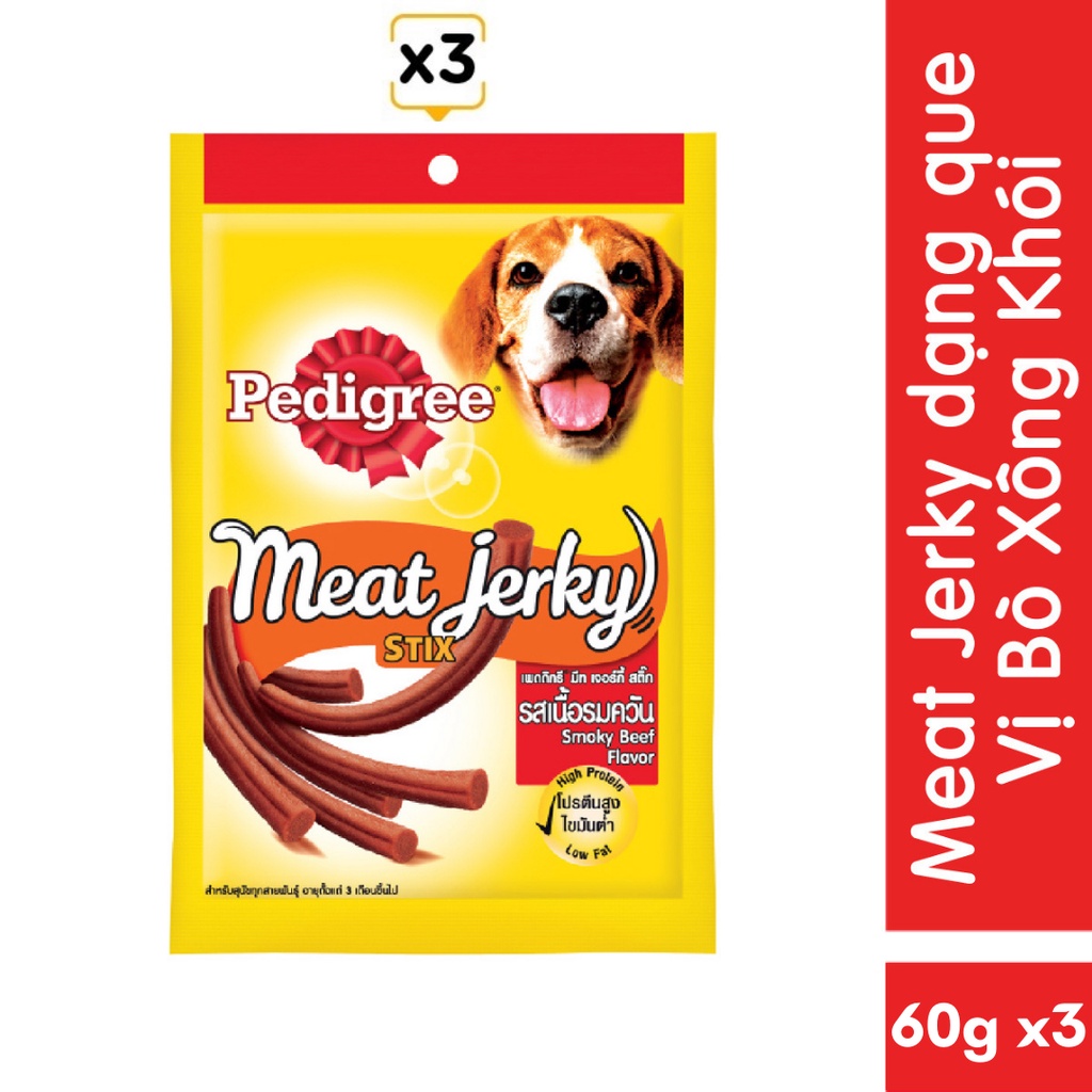 Bộ 3 thức ăn vặt cho chó Pedigree Meat Jerky vị bò xông khói dạng que 60g