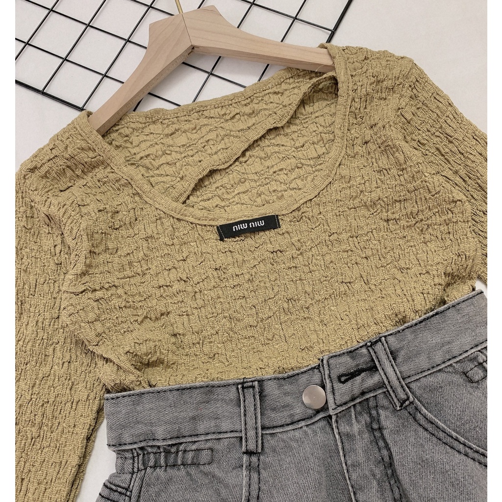 Áo croptop nữ cổ tròn dài tay Bingshop vải xốp nhún co giãn siêu xinh