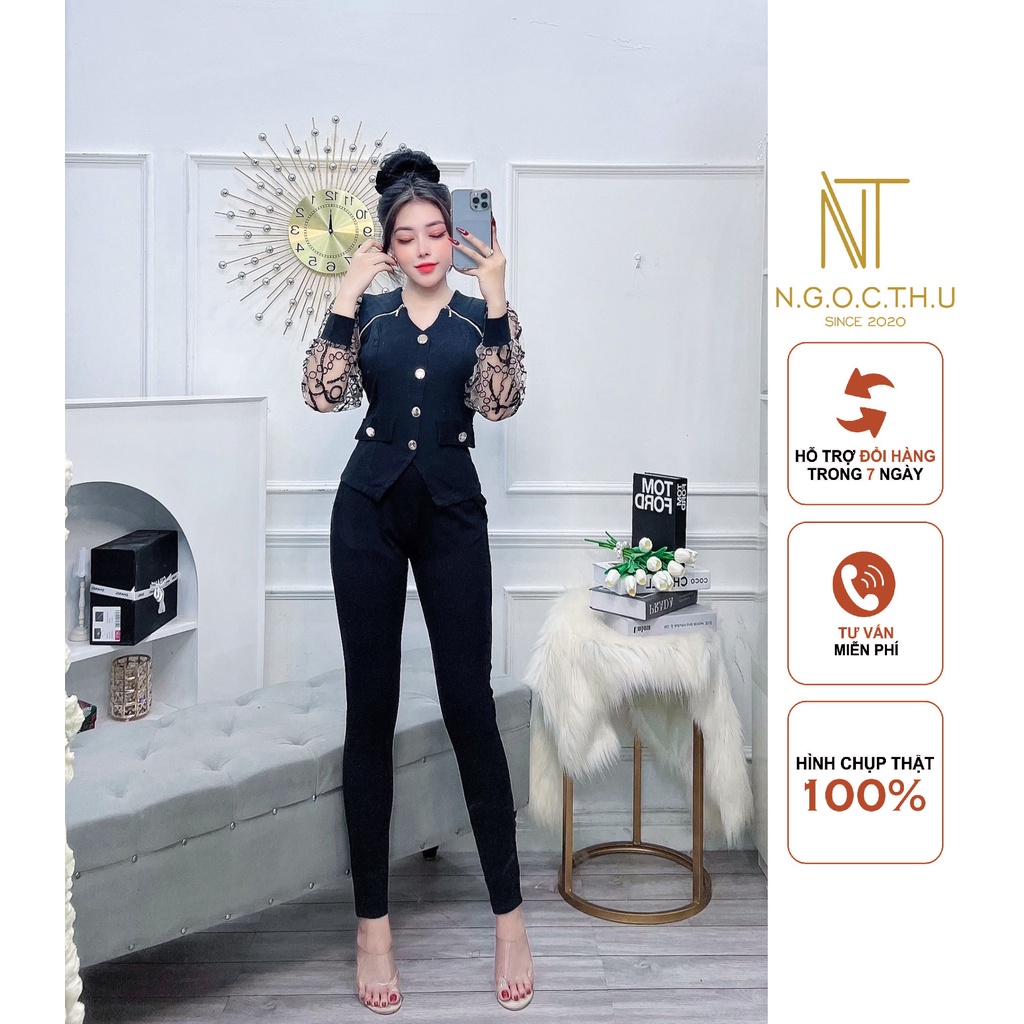 Set bộ thiết kế tay lưới phồng - trụ nút sang trọng ôm theo form - quần có túi