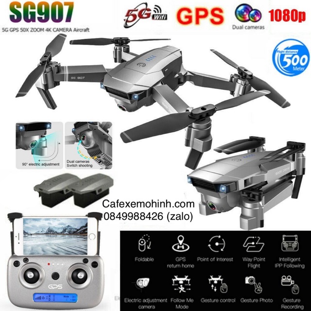 Flycam sg907 camera 4k xoay 90 độ có GPS bay 500m tự bay về & Wifi 5Ghz pin nâng cấp 1600mah