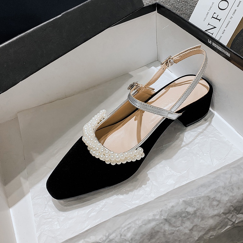 Giày Cao Gót Mũi Nhọn Đính Ngọc Trai Phong Cách Retro Cho Nữ