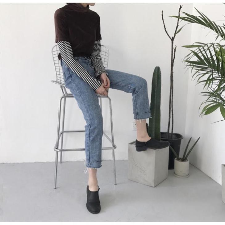 Quần Jean Nữ 9 Tấc Ống Suông Lưng Cao Hàn Quốc Quần Jean Denim Xanh Ulzzang Quần Bò Nữ Rách Gối Eo Cao Cạp Cao