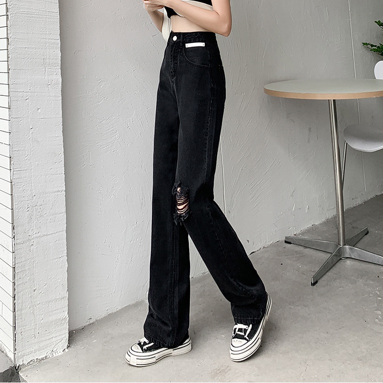 Quần Jeans Nữ Lưng Cao Ống Rộng Rách Gối Thời Trang
