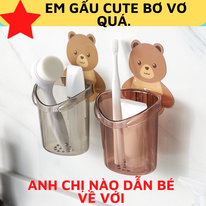 Cốc ly đựng bàn chải đánh răng cốc gấu dán tường đựng cắm kem đánh răng dễ thương tiện lợi