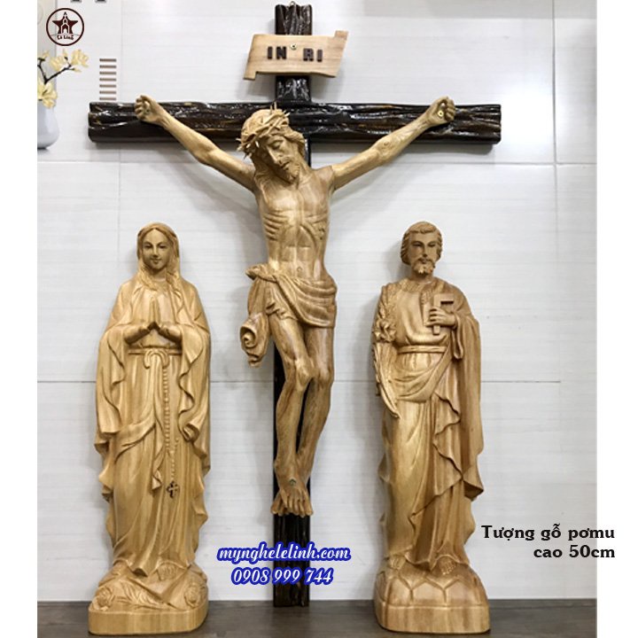 Bàn thờ Công Giáo - Mẫu xòe 2 bàn tay - bệ gỗ sồi - tượng gỗ pơ mu cao 50 cm