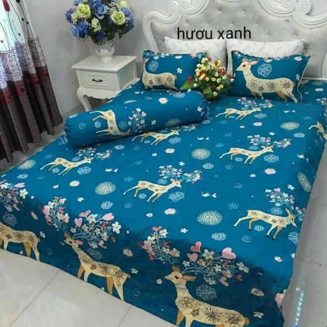 Ga Trải Giường Bọc Đệm Vải cotton poly hàn,tuần lộc vàng
