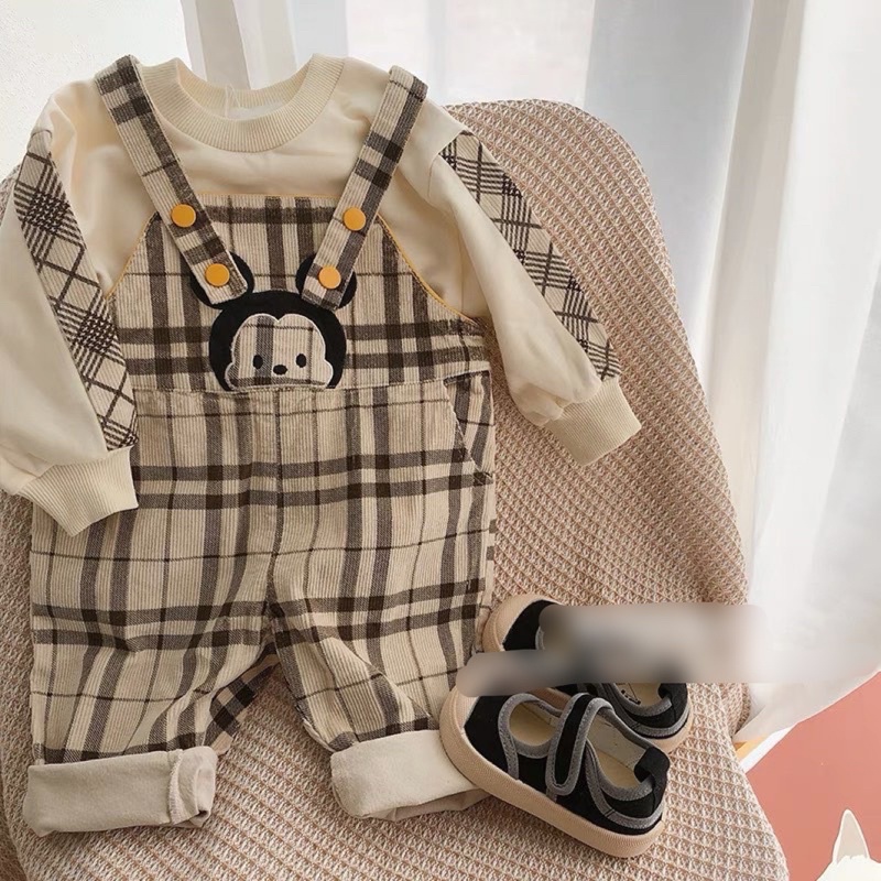 sét yếm nhung kèm áo da cá tàu phối kẻ cho bé trai từ 8-18kg💋
