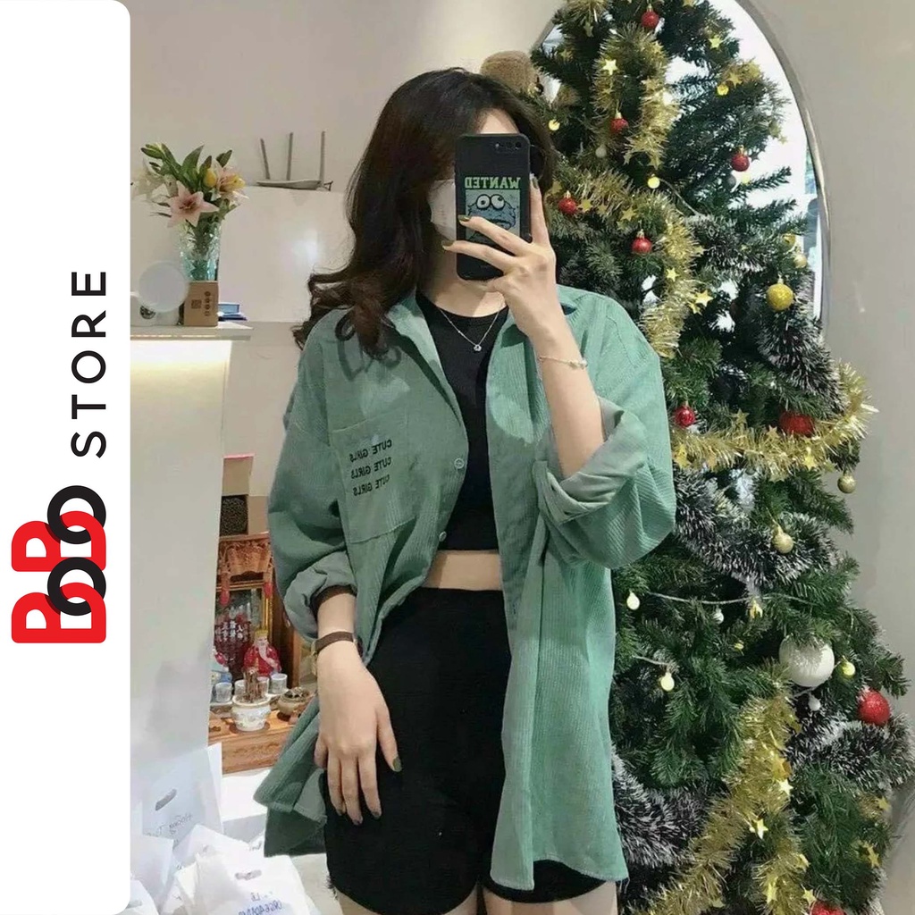 Áo khoác sơ mi nhung tăm có túi oversize dành cho nữ thêu chữ cute girl - BoBo Store