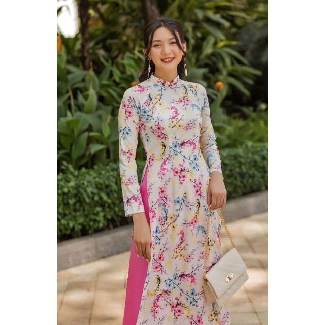 Áo Dài Truyền Thống Nữ Cổ Cao Vải Gấm  Màu Trắng In Hoa Mai Đào Có Nhiều Size - LASENTUS | BigBuy360 - bigbuy360.vn