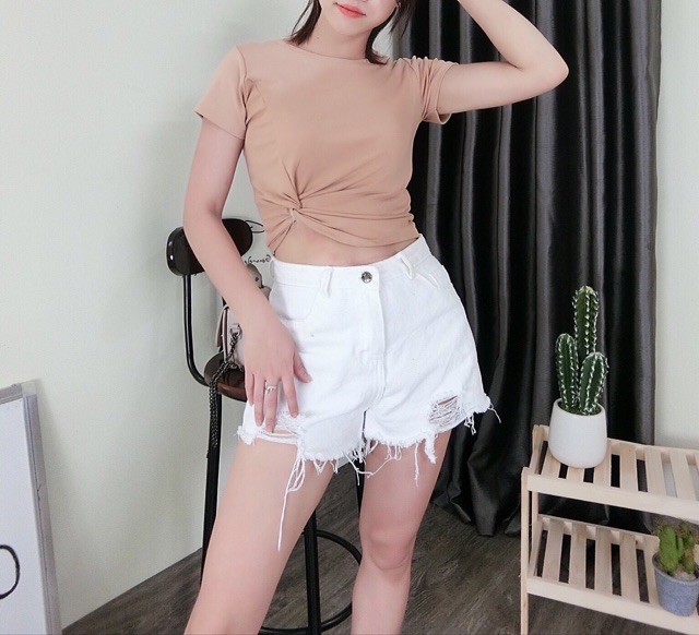 Áo thun nữ xoắn eo bên sườn chất zip cotton