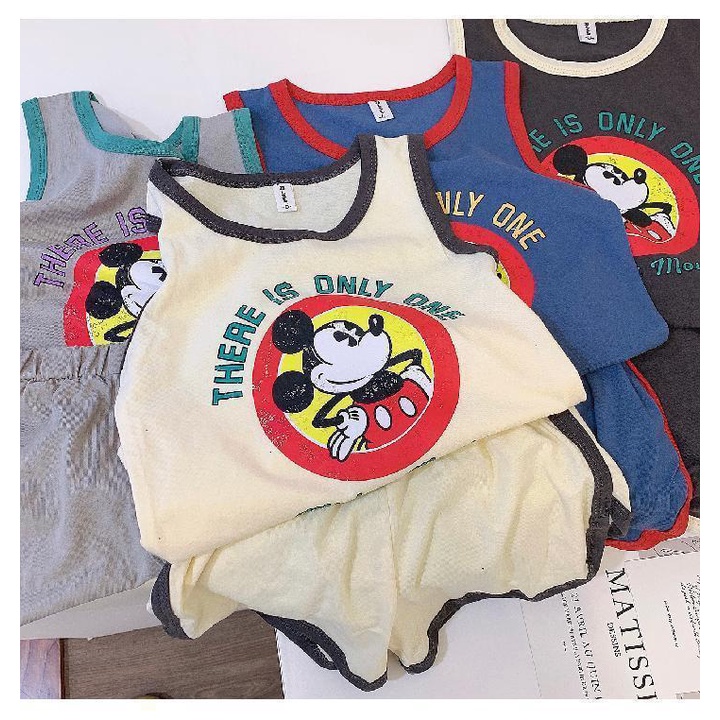Bộ Áo Thun Sát Nách Phối Quần Short Vải Cotton Thoáng Khí In Hoạt Hình Thời Trang Mùa Hè Cho Bé