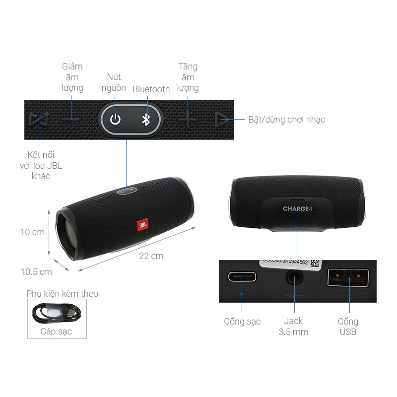 Loa Bluetooth JBL Charge 4 Công Suất 30W Sử Dụng Liên Tục 20h Có Thể Kết Nối 2 Điện Thoại Cùng Lúc Kháng Nước IPX7