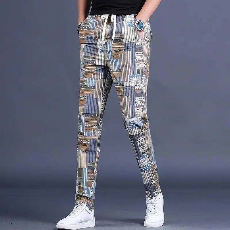 Korean fashion Decor versatile pants summer new Plaid casual pants men's slim little foot printed Sweatpants