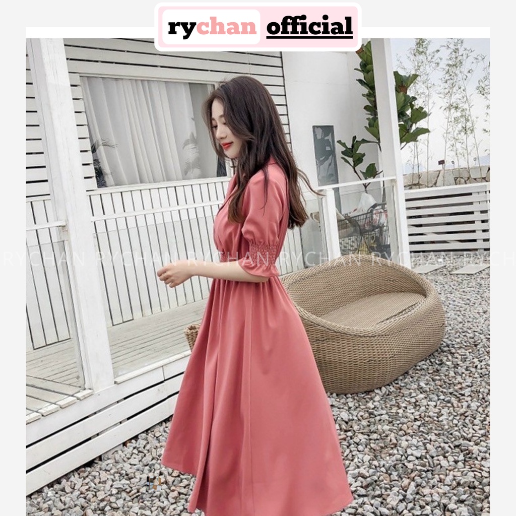 Đầm Xòe Midi Cổ Sơ Mi Eo Chun Tay Phồng Viền Bèo - DX0057