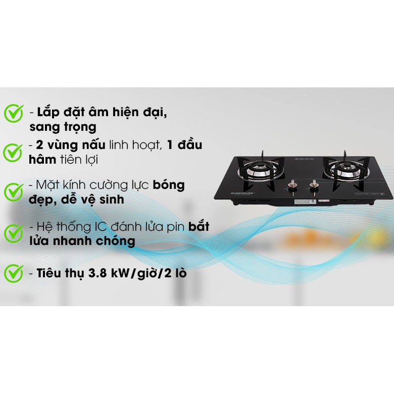 Bếp ga âm Sunhouse SHB5546MT - MỚI 100%, tặng DÂY gas, Mặt bếp bằng kính cường lực dày bền,đánh lửa IC,có đầu hâm