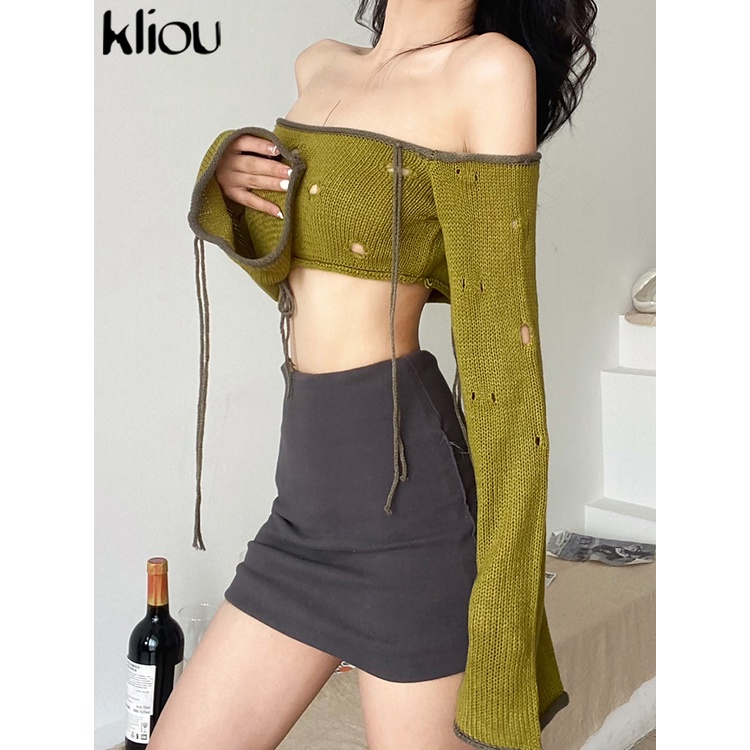 Kliou 2023 new Áo Croptop Dệt Kim Trễ Vai Tay Dài Thiết Kế Khoét Vai Quyến Rũ