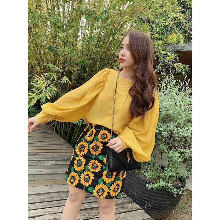 (Ưu Đãi FreeShip) Sét váy nữ đi chơi  áo tay dài phồng mix chân váy hoa chất đẹp lên from chuẩn