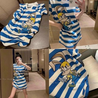Đầm xòe sọc xanh phối hình thỏ