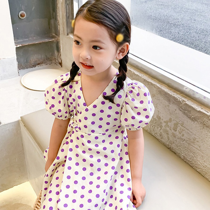 Đầm Chấm Bi Cổ Chữ V Cho Bé Gái
