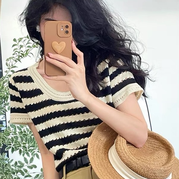 SUXI Áo Thun Dệt Kim Mỏng Dáng Rộng Tay Ngắn Kẻ Sọc Kiểu Vintage Thời Trang Mùa Hè Cho Nữ