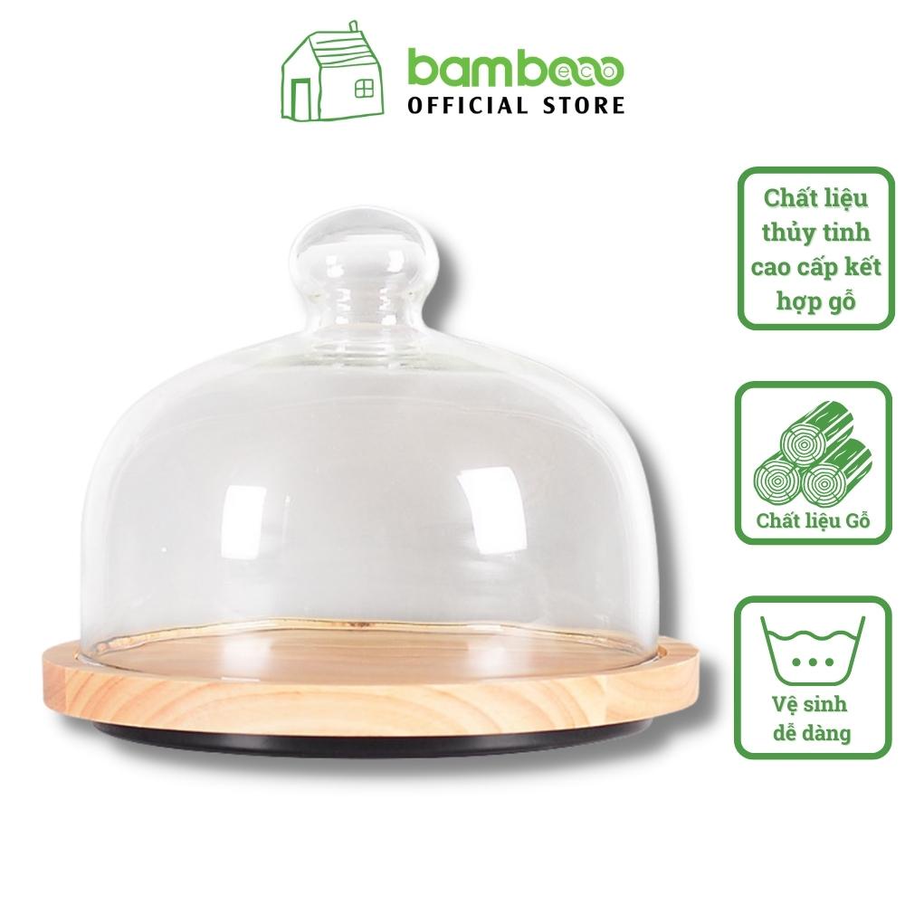 Khay gỗ nắp thuỷ tinh tròn đựng bánh sinh nhật BAMBOOO ECO trang trí decor