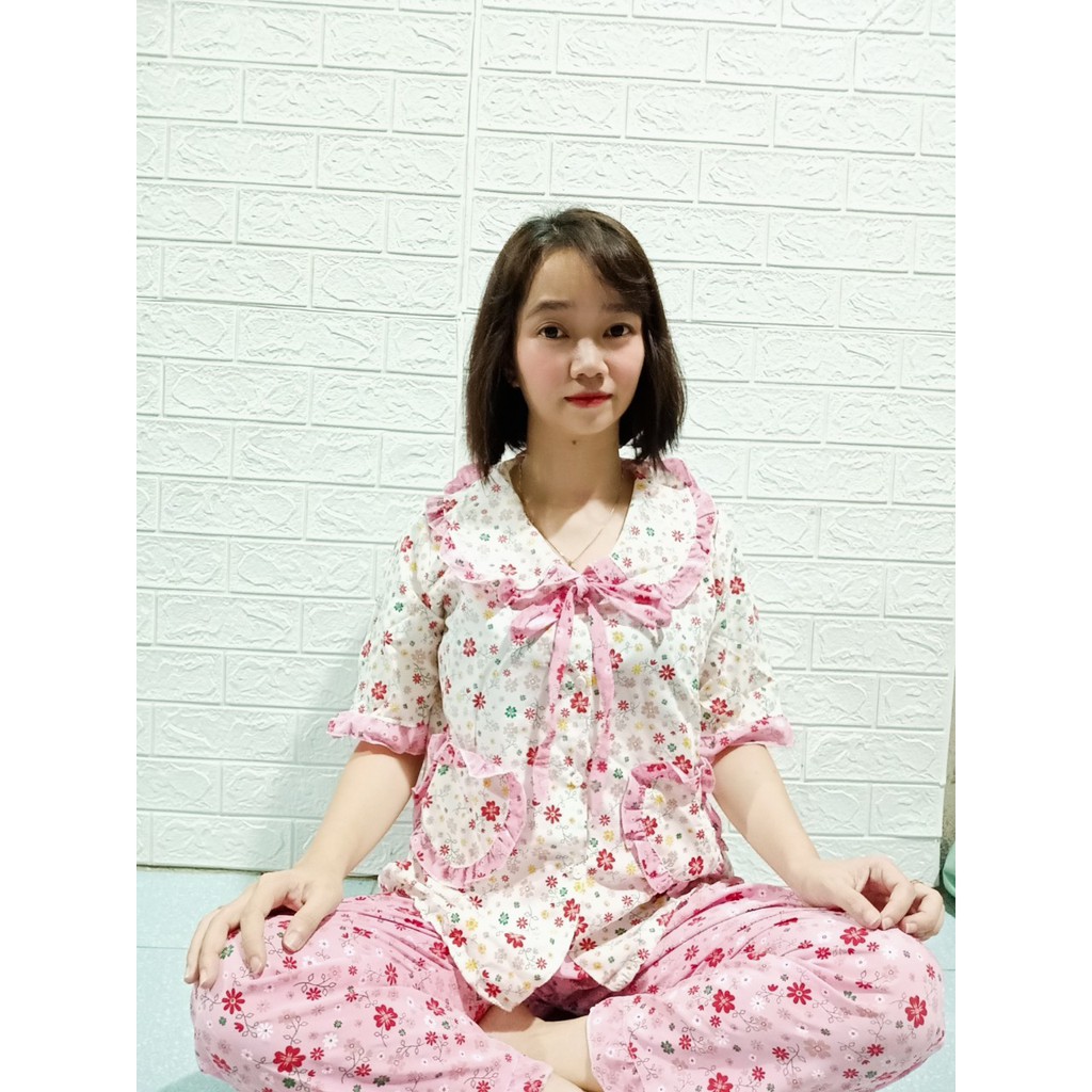 (Hình chụp thật 45-55kg). Bộ mặc nhà tiểu thư pijama lụa hàn tay ngắn quần dài | BigBuy360 - bigbuy360.vn