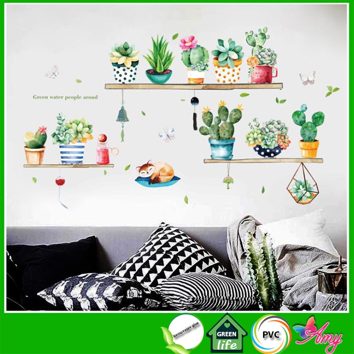 Decal dán tường chậu xương rồng trang trí nhà cửa xanh, hiện đại và sáng tạo decalamyshop