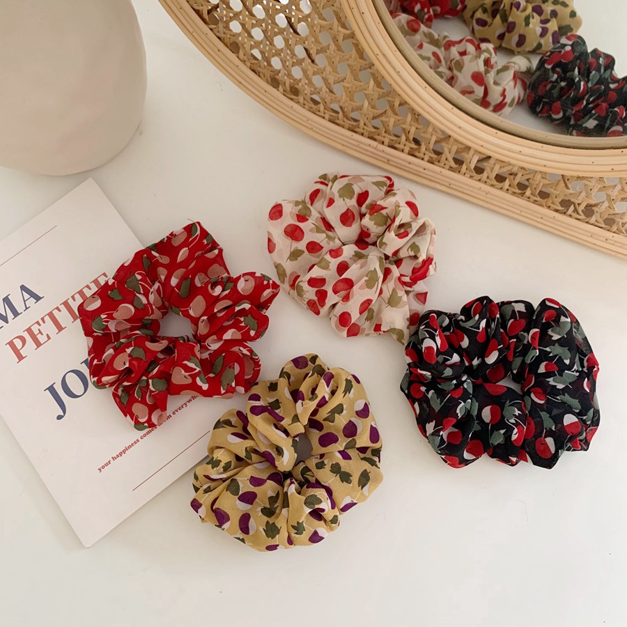 Dây Cột Tóc Scrunchies Họa Tiết Cherry Vintage Dịu Dàng