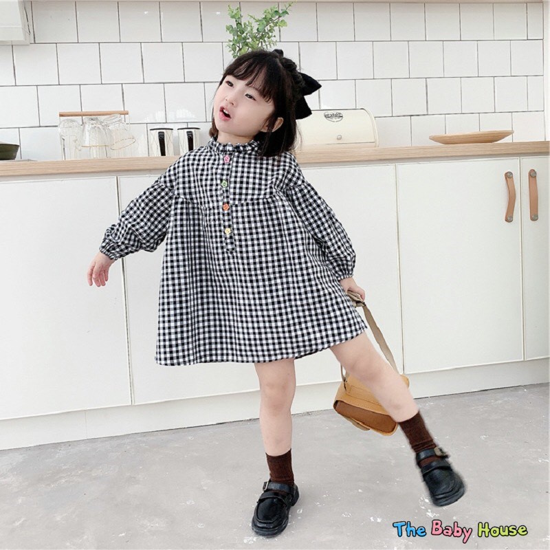 Váy Bé Gái  𝐅𝐑𝐄𝐄𝐒𝐇𝐈𝐏 Váy Búp Bế Dài Tay Sọc Caro Xinh Xắn Cho Bé