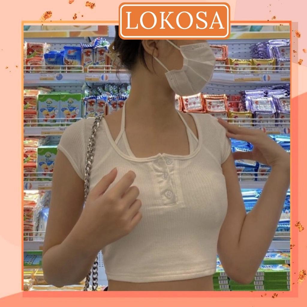 Áo Croptop Cổ Yếm Nữ LOKOSA Áo Thun Ôm Body Tay Ngắn Cổ U Khuy Cài Phối Cổ Thun Gân Tăm Ulzzang Hàn Quốc Sexy AO077