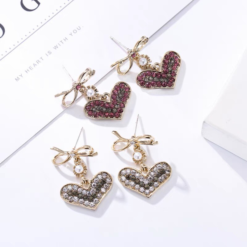 Bông Tai Nữ Hợp Kim Cao Cấp ERASHOP 000114 - Nơ Tim Đá Lấp Lánh, Sang Trọng, Đi Tiệc, Đi Chơi, Siêu Rẻ Đẹp