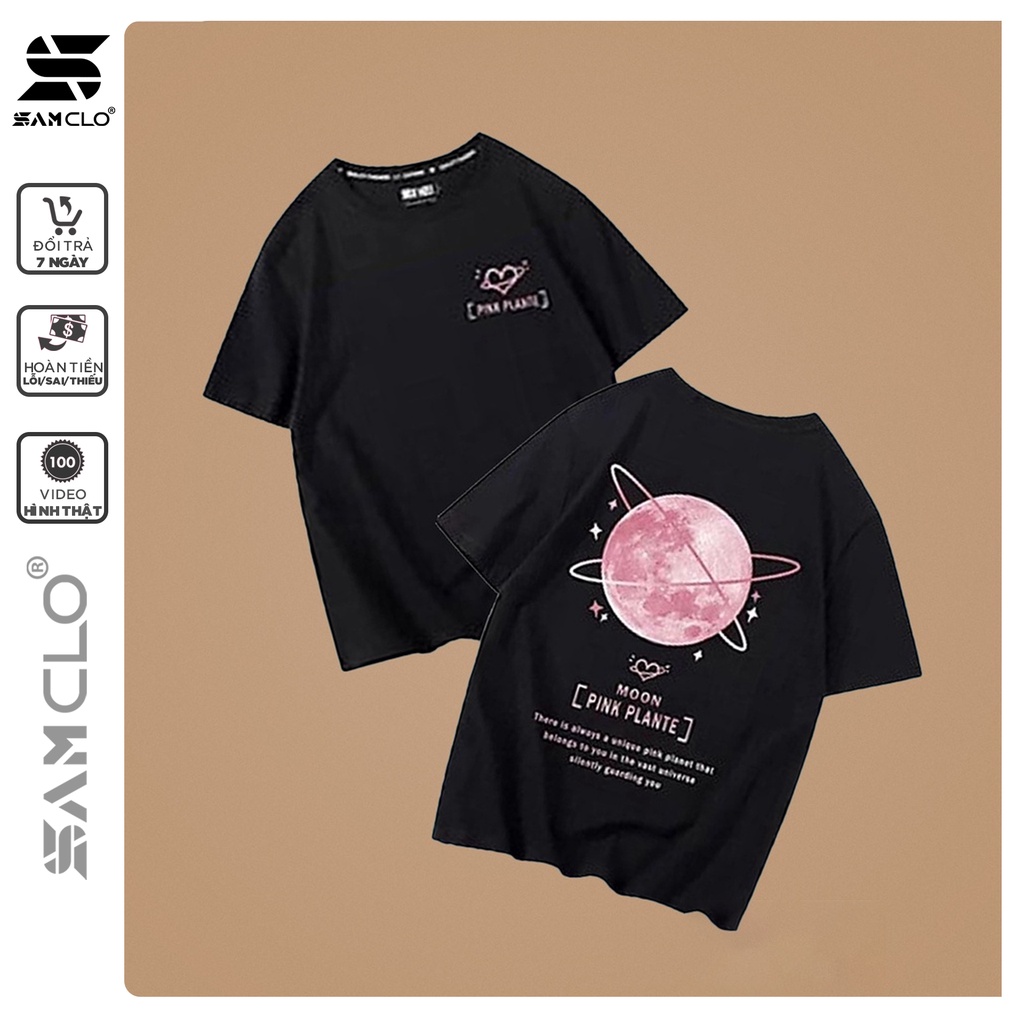 Áo thun tay lỡ nam nữ SAM CLO phông form rộng dáng Unisex, mặc lớp, nhóm, cặp in hình MẶT TRĂNG MOON PINK PLANTE màu đen