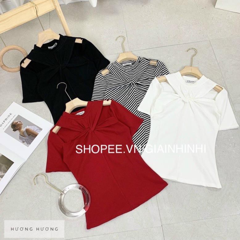 Áo thun kiểu xoắn cổ hở vai tay cộc, Áo kiểu ngực xoắn ngắn tay vải cotton co giãn CS1202 - NhiNhi Shop Đẹp *
